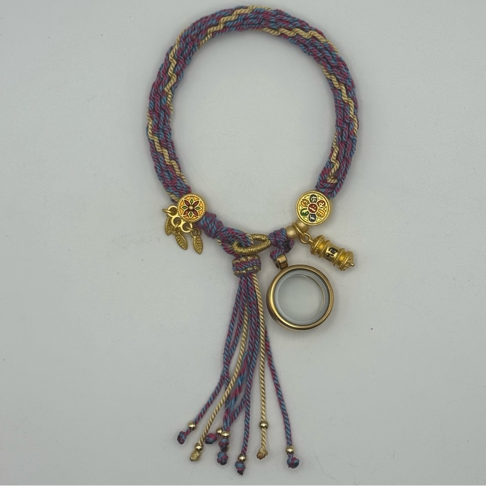 Boho Rope Charm Bracelet with Glass Locket Adjustable Tassel Ends